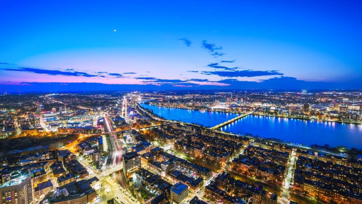Wide shot from Prudential View Boston overlooking the city at dusk
